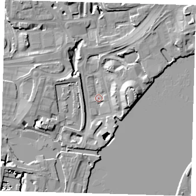 Shaded relief map of the ground around E149QR, computed from Environment Agency LiDAR. The ground here sits at about 2 m above sea level and falls 15 m across the surrounding 800 m. Surface water reaching this point runs off ground lying to the east, 12.4 m higher.