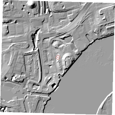 Shaded relief map of the ground around E149QU, computed from Environment Agency LiDAR. The ground here sits at about 4 m above sea level and falls 15 m across the surrounding 800 m. Surface water reaching this point runs off ground lying to the south-east, 12.4 m higher.