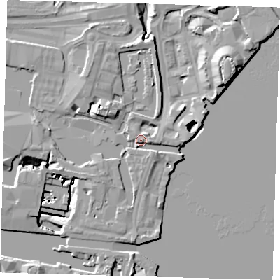 Shaded relief map of the ground around E149QW, computed from Environment Agency LiDAR. The ground here sits at about 5 m above sea level and falls 13 m across the surrounding 800 m. Surface water reaching this point runs off ground lying to the east, 2.1 m higher.