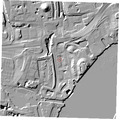 Shaded relief map of the ground around E149QZ, computed from Environment Agency LiDAR. The ground here sits at about 2 m above sea level and falls 15 m across the surrounding 800 m. Surface water reaching this point runs off ground lying to the east-south-east, 12.4 m higher.