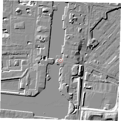 Shaded relief map of the ground around E149RB, computed from Environment Agency LiDAR. The ground here sits at about 5 m above sea level and falls 14 m across the surrounding 800 m. Surface water reaching this point runs off ground lying to the east-north-east, 2.6 m higher.