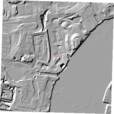 Shaded relief map of the ground around E149RG, computed from Environment Agency LiDAR. The ground here sits at about 3 m above sea level and falls 13 m across the surrounding 800 m. Surface water reaching this point runs off ground lying to the east-north-east, 12.4 m higher.
