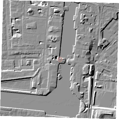 Shaded relief map of the ground around E149RP, computed from Environment Agency LiDAR. The ground here sits at about 6 m above sea level and falls 14 m across the surrounding 800 m. Surface water reaching this point runs off ground lying to the south-south-east, 3.3 m higher.