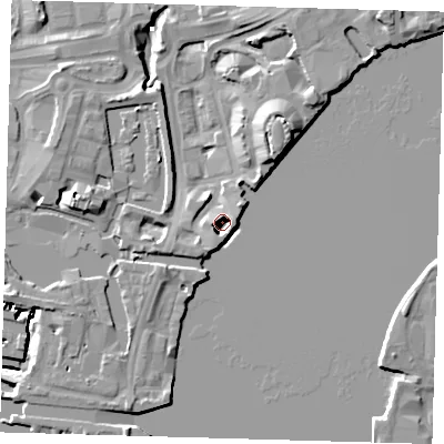 Shaded relief map of the ground around E149RQ, computed from Environment Agency LiDAR. The ground here sits at about 1 m above sea level and falls 13 m across the surrounding 800 m. Surface water reaching this point runs off ground lying to the south-west, 8.0 m higher.