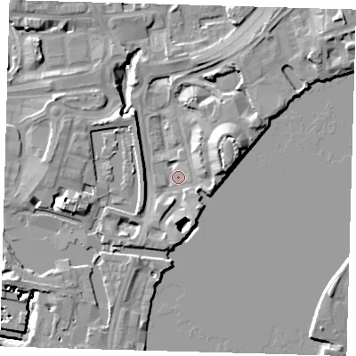 Shaded relief map of the ground around E149RX, computed from Environment Agency LiDAR. The ground here sits at about 3 m above sea level and falls 13 m across the surrounding 800 m. Surface water reaching this point runs off ground lying to the east-north-east, 12.4 m higher.