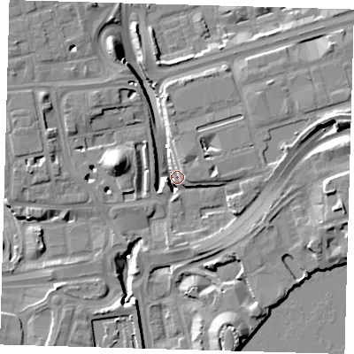 Shaded relief map of the ground around E149RY, computed from Environment Agency LiDAR. The ground here sits at about 3 m above sea level and falls 15 m across the surrounding 800 m. Surface water reaching this point runs off ground lying to the east-south-east, 11.0 m higher.