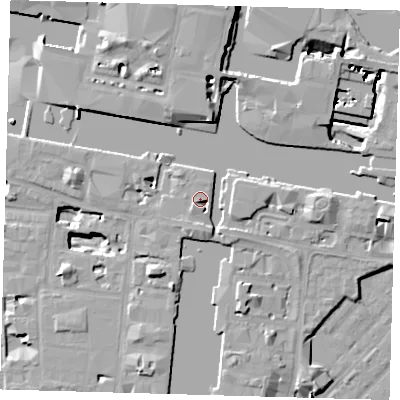 Shaded relief map of the ground around E149SH, computed from Environment Agency LiDAR. The ground here sits at about 6 m above sea level and falls 16 m across the surrounding 800 m. Surface water reaching this point runs off ground lying to the east, 4.8 m higher.