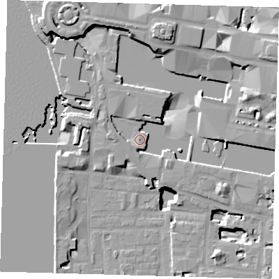 Shaded relief map of the ground around E149SJ, computed from Environment Agency LiDAR. The ground here sits at about 5 m above sea level and falls 21 m across the surrounding 800 m. Surface water reaching this point runs off ground lying to the north-north-west, 7.7 m higher.