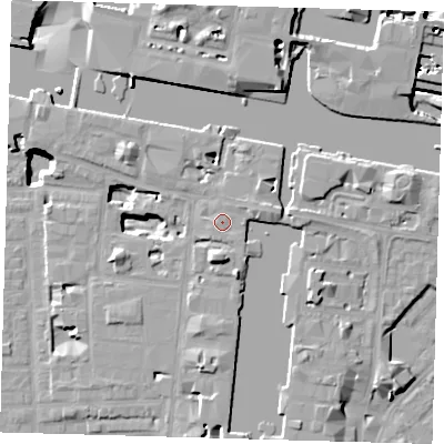 Shaded relief map of the ground around E149SL, computed from Environment Agency LiDAR. The ground here sits at about 6 m above sea level and falls 19 m across the surrounding 800 m. Surface water reaching this point runs off ground lying to the east, 1.2 m higher.