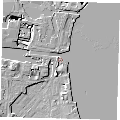Shaded relief map of the ground around E149ST, computed from Environment Agency LiDAR. The ground here sits at about 5 m above sea level and falls 12 m across the surrounding 800 m. Surface water reaching this point runs off ground lying to the north-west, 4.7 m higher.