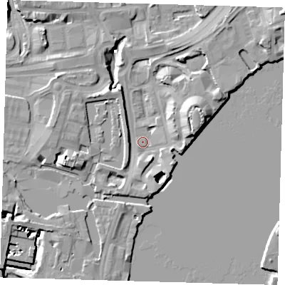 Shaded relief map of the ground around E149SU, computed from Environment Agency LiDAR. The ground here sits at about 2 m above sea level and falls 13 m across the surrounding 800 m. Surface water reaching this point runs off ground lying to the east-north-east, 12.4 m higher.
