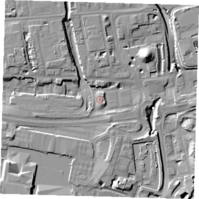 Shaded relief map of the ground around E149SX, computed from Environment Agency LiDAR. The ground here sits at about 5 m above sea level and falls 17 m across the surrounding 800 m. Surface water reaching this point runs off ground lying to the south, 6.3 m higher.