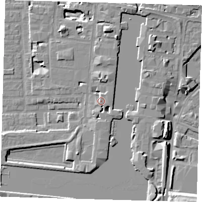 Shaded relief map of the ground around E149SZ, computed from Environment Agency LiDAR. The ground here sits at about 6 m above sea level and falls 13 m across the surrounding 800 m. The ground contributing surface water to this point lies to the east-south-east.