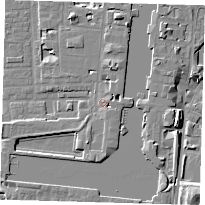 Shaded relief map of the ground around E149TD, computed from Environment Agency LiDAR. The ground here sits at about 5 m above sea level and falls 13 m across the surrounding 800 m. Surface water reaching this point runs off ground lying to the north-north-east, 5.9 m higher.
