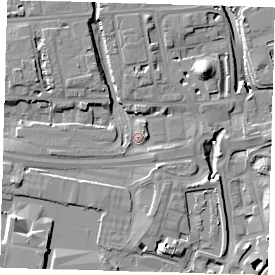 Shaded relief map of the ground around E149TF, computed from Environment Agency LiDAR. The ground here sits at about 4 m above sea level and falls 17 m across the surrounding 800 m. Surface water reaching this point runs off ground lying to the south-south-east, 6.3 m higher.