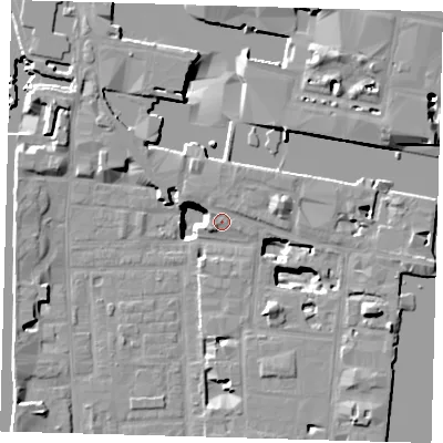 Shaded relief map of the ground around E149TP, computed from Environment Agency LiDAR. The ground here sits at about 5 m above sea level and falls 19 m across the surrounding 800 m. Surface water reaching this point runs off ground lying to the north-east, 2.0 m higher.