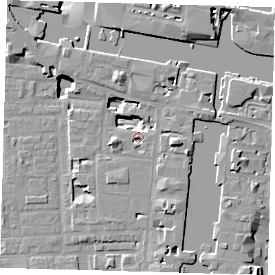 Shaded relief map of the ground around E149TY, computed from Environment Agency LiDAR. The ground here sits at about 5 m above sea level and falls 19 m across the surrounding 800 m. Surface water reaching this point runs off ground lying to the east, 9.4 m higher.
