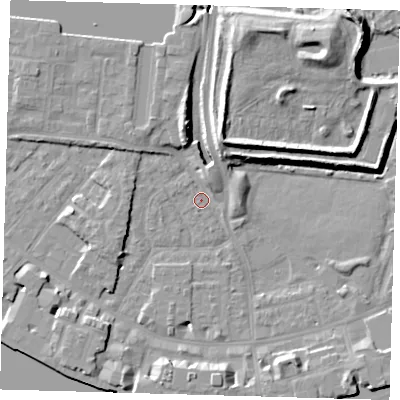 Shaded relief map of the ground around E149US, computed from Environment Agency LiDAR. The ground here sits at about 2 m above sea level and falls 13 m across the surrounding 800 m. Surface water reaching this point runs off ground lying to the north-north-east, 12.5 m higher.