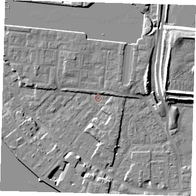 Shaded relief map of the ground around E149UX, computed from Environment Agency LiDAR. The ground here sits at about 3 m above sea level and falls 13 m across the surrounding 800 m. Surface water reaching this point runs off ground lying to the east-north-east, 2.8 m higher.