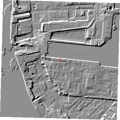 Shaded relief map of the ground around E149WA, computed from Environment Agency LiDAR. The ground here sits at about 6 m above sea level and falls 7 m across the surrounding 800 m. Surface water reaching this point runs off ground lying to the east-south-east, 1.8 m higher.