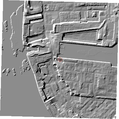 Shaded relief map of the ground around E149WB, computed from Environment Agency LiDAR. The ground here sits at about 5 m above sea level and falls 7 m across the surrounding 800 m. Surface water reaching this point runs off ground lying to the east, 1.8 m higher.