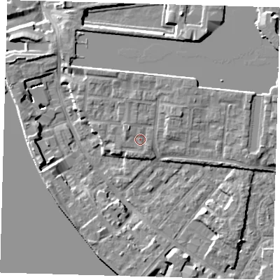 Shaded relief map of the ground around E149WN, computed from Environment Agency LiDAR. The ground here sits at about 4 m above sea level and falls 8 m across the surrounding 800 m. Surface water reaching this point runs off ground lying to the north-west, 1.5 m higher.