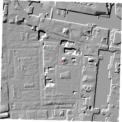 Shaded relief map of the ground around E149WX, computed from Environment Agency LiDAR. The ground here sits at about 5 m above sea level and falls 18 m across the surrounding 800 m. Surface water reaching this point runs off ground lying to the east-north-east, 3.6 m higher.