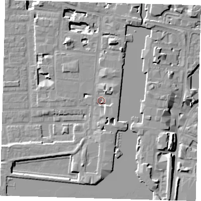 Shaded relief map of the ground around E149XH, computed from Environment Agency LiDAR. The ground here sits at about 4 m above sea level and falls 17 m across the surrounding 800 m. Surface water reaching this point runs off ground lying to the north-east, 5.1 m higher.