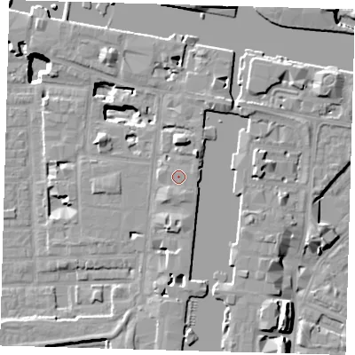 Shaded relief map of the ground around E149XP, computed from Environment Agency LiDAR. The ground here sits at about 5 m above sea level and falls 18 m across the surrounding 800 m. Surface water reaching this point runs off ground lying to the south-south-west, 1.1 m higher.