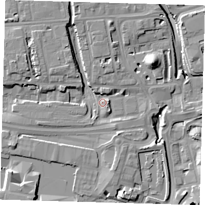 Shaded relief map of the ground around E149XT, computed from Environment Agency LiDAR. The ground here sits at about 4 m above sea level and falls 17 m across the surrounding 800 m. Surface water reaching this point runs off ground lying to the south, 6.3 m higher.