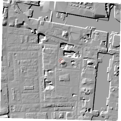 Shaded relief map of the ground around E149XY, computed from Environment Agency LiDAR. The ground here sits at about 4 m above sea level and falls 18 m across the surrounding 800 m. Surface water reaching this point runs off ground lying to the east, 10.7 m higher.