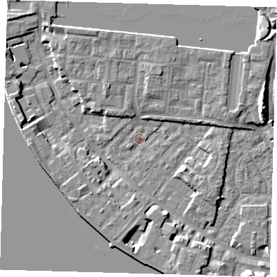 Shaded relief map of the ground around E149YA, computed from Environment Agency LiDAR. The ground here sits at about 2 m above sea level and falls 9 m across the surrounding 800 m. Surface water reaching this point runs off ground lying to the west-south-west, 3.8 m higher.