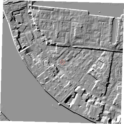 Shaded relief map of the ground around E149YB, computed from Environment Agency LiDAR. The ground here sits at about 2 m above sea level and falls 7 m across the surrounding 800 m. Surface water reaching this point runs off ground lying to the west-south-west, 3.8 m higher.