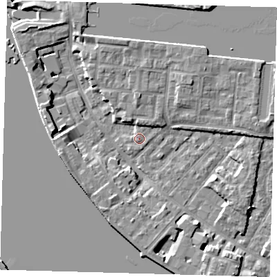 Shaded relief map of the ground around E149YD, computed from Environment Agency LiDAR. The ground here sits at about 3 m above sea level and falls 7 m across the surrounding 800 m. Surface water reaching this point runs off ground lying to the north-north-east, 2.3 m higher.