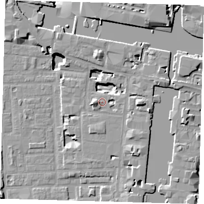 Shaded relief map of the ground around E149YN, computed from Environment Agency LiDAR. The ground here sits at about 4 m above sea level and falls 18 m across the surrounding 800 m. Surface water reaching this point runs off ground lying to the west, 3.8 m higher.