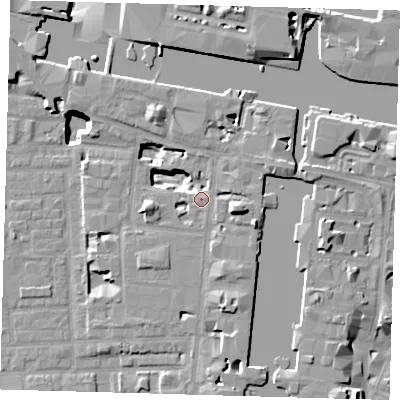 Shaded relief map of the ground around E149YX, computed from Environment Agency LiDAR. The ground here sits at about 5 m above sea level and falls 19 m across the surrounding 800 m. Surface water reaching this point runs off ground lying to the east-south-east, 7.1 m higher.