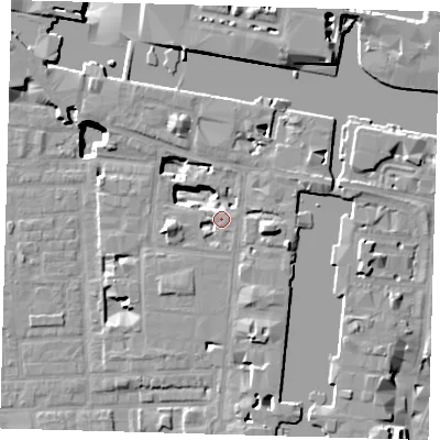 Shaded relief map of the ground around E149ZE, computed from Environment Agency LiDAR. The ground here sits at about 4 m above sea level and falls 19 m across the surrounding 800 m. Surface water reaching this point runs off ground lying to the east, 7.6 m higher.