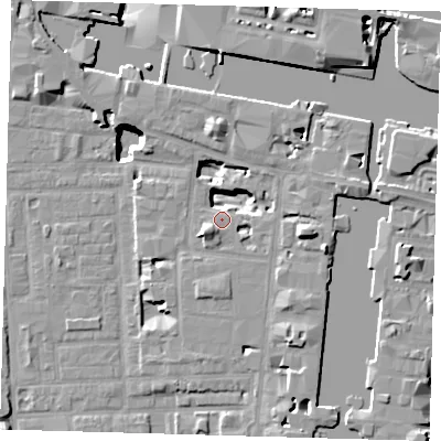 Shaded relief map of the ground around E149ZF, computed from Environment Agency LiDAR. The ground here sits at about 4 m above sea level and falls 19 m across the surrounding 800 m. Surface water reaching this point runs off ground lying to the east, 10.5 m higher.