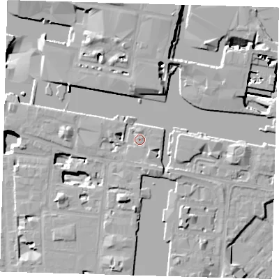 Shaded relief map of the ground around E149ZS, computed from Environment Agency LiDAR. The ground here sits at about 6 m above sea level and falls 20 m across the surrounding 800 m. Surface water reaching this point runs off ground lying to the south-east, 1.1 m higher.