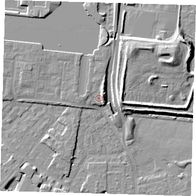 Shaded relief map of the ground around E149ZT, computed from Environment Agency LiDAR. The ground here sits at about 5 m above sea level and falls 13 m across the surrounding 800 m. Surface water reaching this point runs off ground lying to the north-north-east, 3.1 m higher.