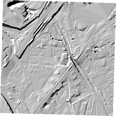 Shaded relief map of the ground around E151AF, computed from Environment Agency LiDAR. The ground here sits at about 4 m above sea level and falls 15 m across the surrounding 800 m. Surface water reaching this point runs off ground lying to the south-east, 3.4 m higher.