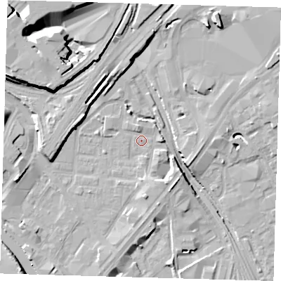 Shaded relief map of the ground around E151AH, computed from Environment Agency LiDAR. The ground here sits at about 3 m above sea level and falls 15 m across the surrounding 800 m. Surface water reaching this point runs off ground lying to the west, 6.2 m higher.