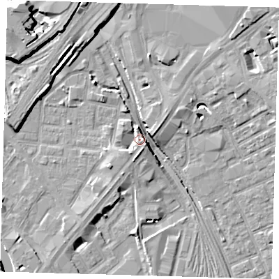 Shaded relief map of the ground around E151AJ, computed from Environment Agency LiDAR. The ground here sits at about 6 m above sea level and falls 15 m across the surrounding 800 m. Surface water reaching this point runs off ground lying to the south-west, 4.5 m higher.