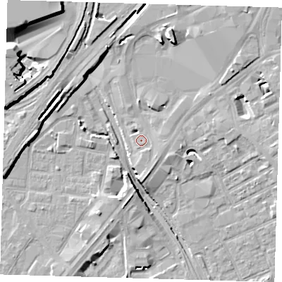 Shaded relief map of the ground around E151AN, computed from Environment Agency LiDAR. The ground here sits at about 5 m above sea level and falls 14 m across the surrounding 800 m. Surface water reaching this point runs off ground lying to the south-south-east, 1.7 m higher.