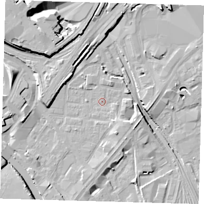 Shaded relief map of the ground around E151AU, computed from Environment Agency LiDAR. The ground here sits at about 3 m above sea level and falls 15 m across the surrounding 800 m. Surface water reaching this point runs off ground lying to the north-west, 12.8 m higher.
