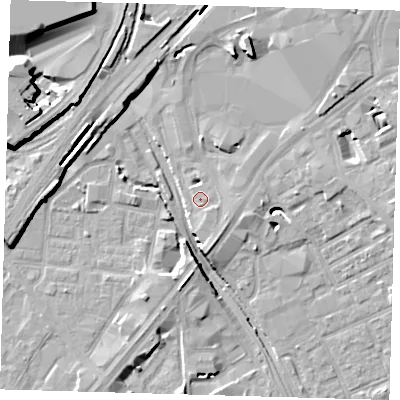 Shaded relief map of the ground around E151AW, computed from Environment Agency LiDAR. The ground here sits at about 5 m above sea level and falls 15 m across the surrounding 800 m. Surface water reaching this point runs off ground lying to the south-south-east, 1.6 m higher.