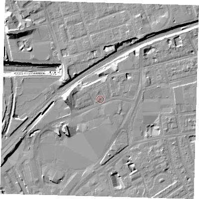 Shaded relief map of the ground around E151BB, computed from Environment Agency LiDAR. The ground here sits at about 8 m above sea level and falls 28 m across the surrounding 800 m. Surface water reaching this point runs off ground lying to the north-east, 1.5 m higher.