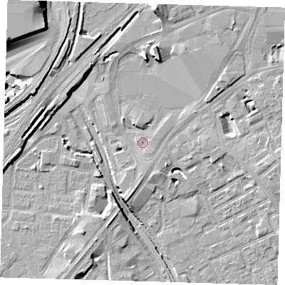 Shaded relief map of the ground around E151DL, computed from Environment Agency LiDAR. The ground here sits at about 5 m above sea level and falls 14 m across the surrounding 800 m. Surface water reaching this point runs off ground lying to the south, 1.5 m higher.