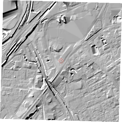Shaded relief map of the ground around E151DX, computed from Environment Agency LiDAR. The ground here sits at about 6 m above sea level and falls 14 m across the surrounding 800 m. Surface water reaching this point runs off ground lying to the south-south-west, 0.7 m higher.