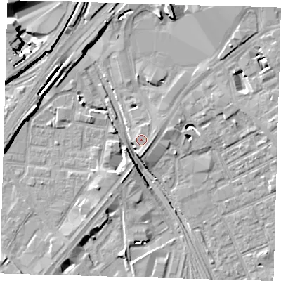 Shaded relief map of the ground around E151EP, computed from Environment Agency LiDAR. The ground here sits at about 6 m above sea level and falls 14 m across the surrounding 800 m. Surface water reaching this point runs off ground lying to the north-north-east, 8.1 m higher.